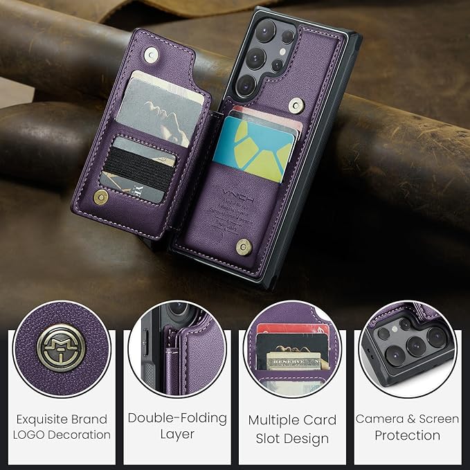 Vinich for Samsung Galaxy S25 Ultra Wallet Case with Card Holder, RFID Blocking Credit Slots Kickstand Shockproof Phone Cover for Women Men, Purple