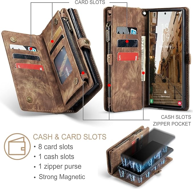 SZHAIYU 2 in 1 Detachable for Samsung Galaxy S23 Ultra Wallet Case with Card Holder, Retro Premium Flip Leather Cover Magnetic Zipper Pocket Phone Cases 6.8'' (Coffee,S23 Ultra)
