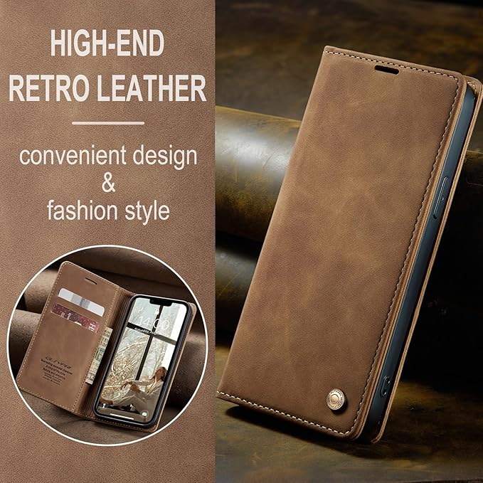 QLTYPRI Case for iPhone 16e, Vintage PU Leather Wallet Case Card Slot Kickstand Magnetic Closure Shockproof Flip Folio Cover for iPhone 16e - Brown
