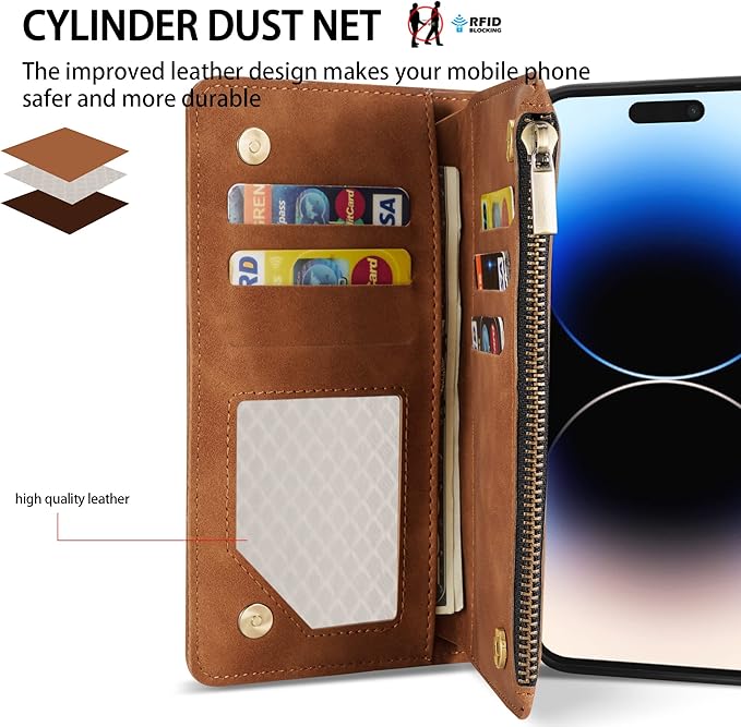 ZZXX for iPhone 14 Pro Max Case Wallet with [RFID Blocking] Card Slot Soft PU Leather Zipper Flip Folio with Wrist Strap Kickstand Protective Cover for iPhone 14 Pro Max Wallet Case(Brown-6.7 inch)