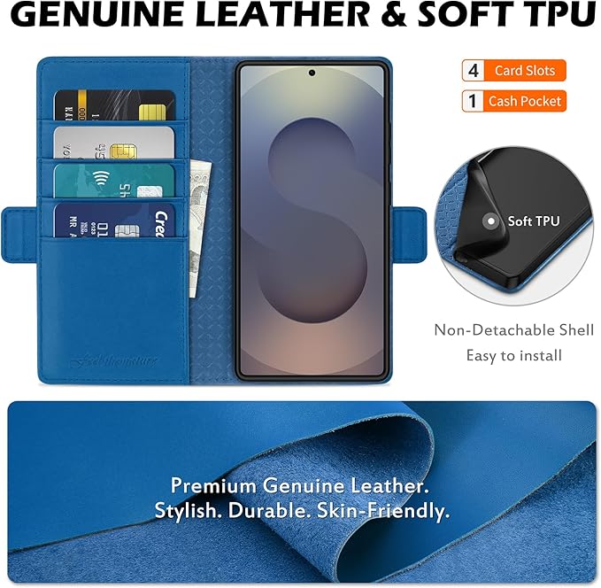 SHIELDON Case for Galaxy S25 Ultra 6.9", Genuine Leather Wallet RFID Blocking Card Holder Kickstand Magnetic Shock Absorbing Protective Case Compatible with Galaxy S25 Ultra - Nappa Sapphire Blue