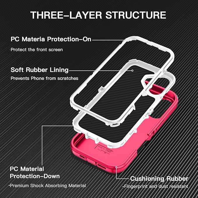 for iPhone 16 Case Shockproof Dust/Drop Proof 3-Layer Full Body Protection [Without Screen Protector] Rugged Heavy Duty Cover Case for Apple iPhone 16 6.1" 2024,Pink/White
