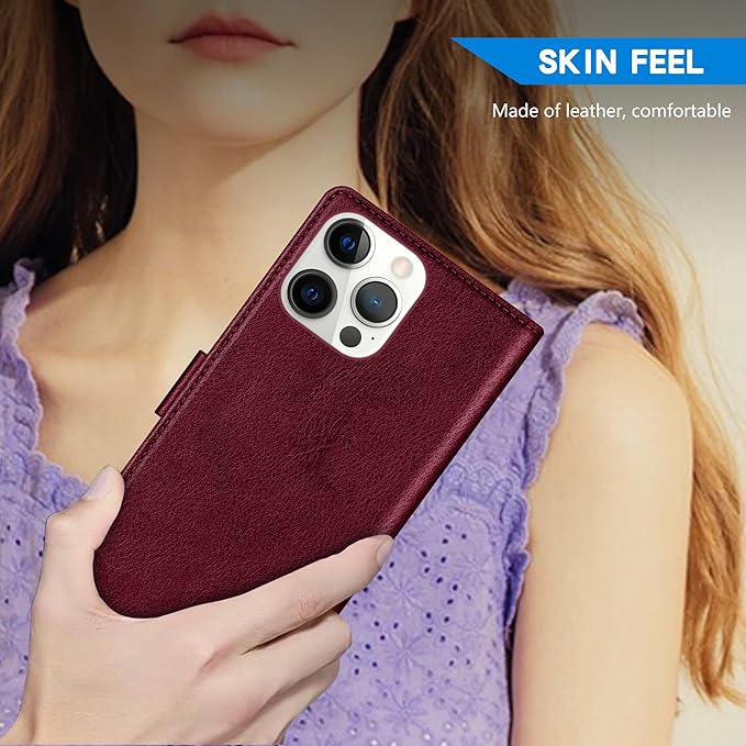 ZZXX for iPhone 15 Pro Max Wallet Case with [RFID Blocking] Card Slot Kickstand Magnetic Closure Leather Flip Fold Protective Phone Case for iPhone 15 Pro Max Case Wallet(Wine Red-6.7 inch)