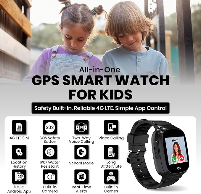 Kids Watch with GPS Tracker, Two-Way Calling, Real-Time Tracking & SOS Alerts - Smart Watch for Kids Call and Text with Geo-Fencing, School Mode, Water-Resistant, Long Battery Life & Parental Controls