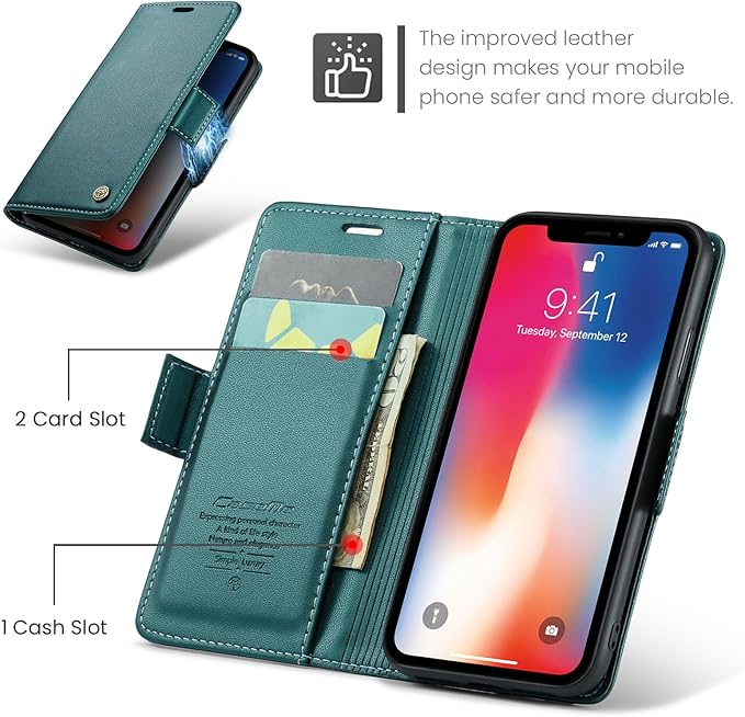 for iPhone X Case/iPhone Xs Case, Premium PU Leather Wallet Case Flip Cover with [RFID Blocking][Card Holder][Stand Function] Shockproof Protective for iPhone X/XS, Blue-Green