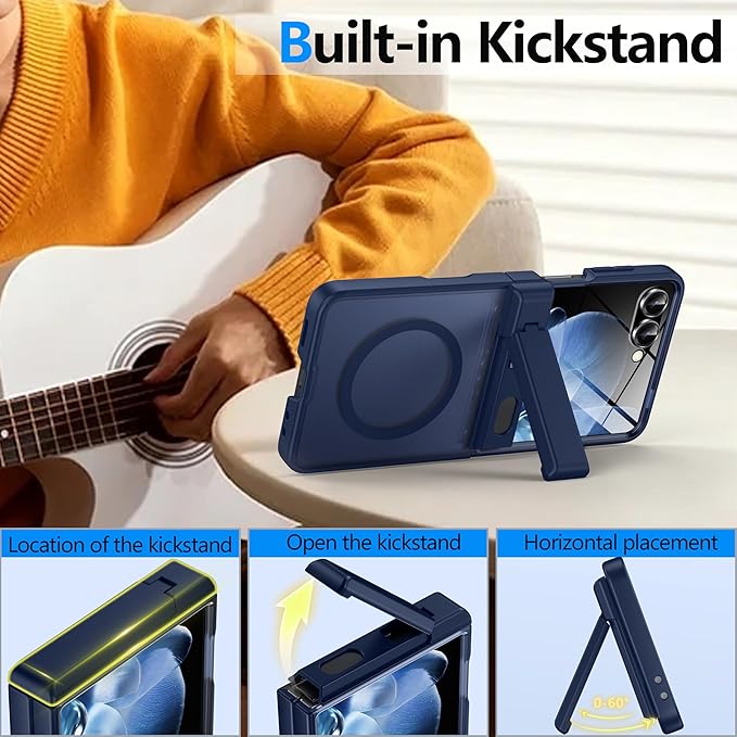 for Samsung Galaxy Z Flip 7 Case Compatible with Magsafe [Hinge Protection＆ Kickstand][Built-in Front Screen Protector] 15FT Military Shockproof Full Body Phone Case for Galaxy Z Flip 7 (Blue)