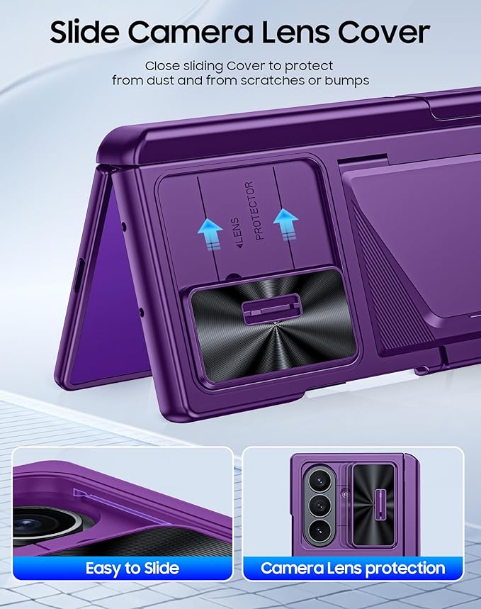 for Samsung Galaxy Z Fold 7 Case with Card Holder RFID Blocking, Built in Slide Lens Cover & Hinge Protection & Kickstand & Screen Protector, Shockproof Wallet Case for Z Fold 7 (Purple)