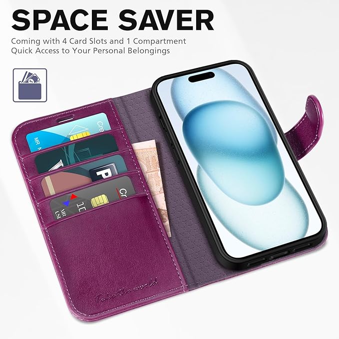 TUCCH Case Wallet for iPhone 15 6.1-inch 5G, [TPU Shockproof Inner Shell] PU Leather [RFID Blocking] 4 Credit Card Holder Magnetic Kickstand Flip Cover Compatible with iPhone 15 6.1" 2023, Plum Purple