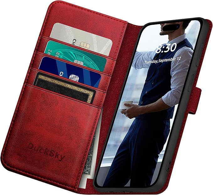 Compatible with iPhone 17 6.3" Genuine Leather Wallet case【RFID Blocking】【4 Credit Card Holder】【Real Leather】 Flip Phone case Cover Women Men for Apple 17 case Red