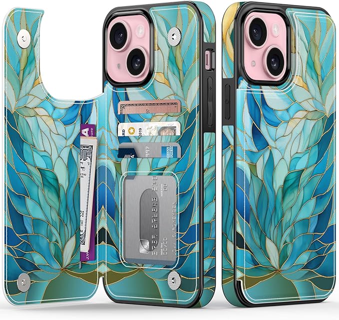 FUNMIKO for iPhone 15 Plus Wallet Case with Card Holder, RFID-Blocking, Military-Grade Protection & UV-Printed Artwork, Magnetic Closure with Leather Kickstand - Sleek Cyan Leaf