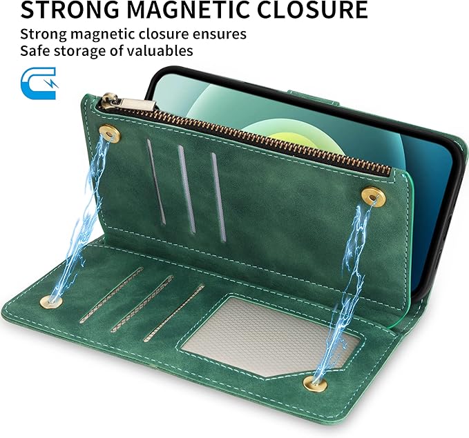 ZZXX for iPhone 12 Mini Wallet Case with Card Slot Premium Soft PU Leather Zipper Flip Folio Wallet with Wrist Strap Kickstand Protective for iPhone 12 Mini Case Wallet(Green 5.4 inch)