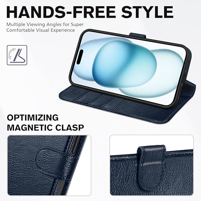 TUCCH Case for iPhone 15 Case Wallet 6.1", [TPU Shockproof Inner Shell], Kickstand PU Leather [RFID Blocking] 4 Card Holder Magnetic Stand Protective Cover Compatible with iPhone 15 5G 2023, Navy Blue