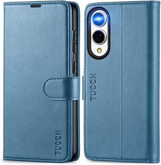 TUCCH Wallet Case for Galaxy S25 Edge with [TPU Shockproof Interior Case] [RFID Blocking] Folio Stand [4 Card Slots], Magnetic PU Leather Folio Cover Compatible with Galaxy S25 Edge 6.7", Light Blue