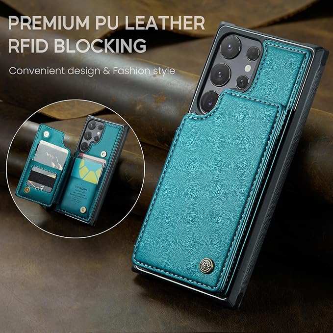 Vinich for Samsung Galaxy S24 Ultra Wallet Case with Card Holder, RFID Blocking Credit Slots Kickstand Shockproof Phone Cover for Women Men, Bluish Green