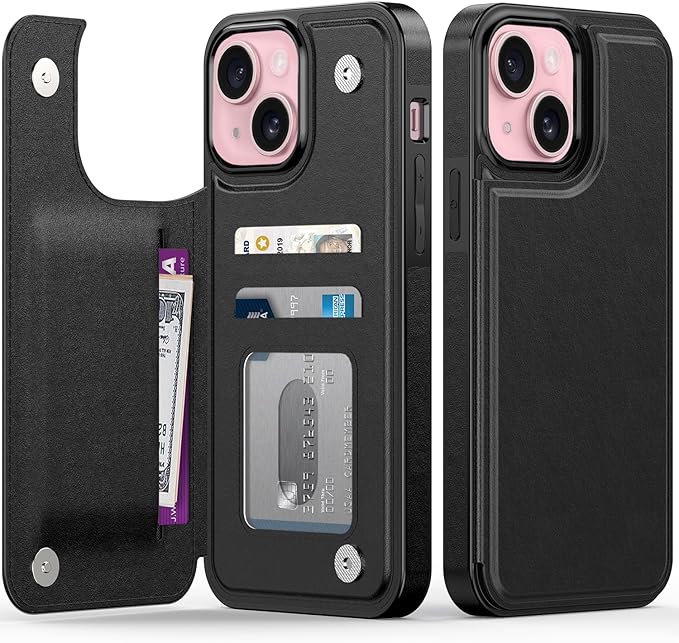 FUNMIKO for iPhone 15 Wallet Case with Card Holder, RFID-Blocking, Military-Grade Protection & UV-Printed Artwork, Magnetic Closure with Leather Kickstand - Black