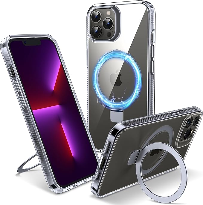 Magnetic Case for iPhone 13 Pro - [Built-in Invisible Stand] [Compatible with MagSafe] [Military Grade Drop Protection] Anti-Yellowing Hard Back Silicone Edge Cover, 6.1", Clear