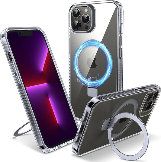 Magnetic Case for iPhone 13 Pro - [Built-in Invisible Stand] [Compatible with MagSafe] [Military Grade Drop Protection] Anti-Yellowing Hard Back Silicone Edge Cover, 6.1", Clear