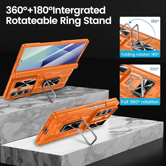 VEGO for Galaxy Z Fold 7 Case with Stand, 360°Ring Magnetic Kickstand & Hinge Protection & Front Screen Protector & Camera Cover & Belt Clip Holster Case for Samsung Galaxy Z Fold 7 5G - Orange