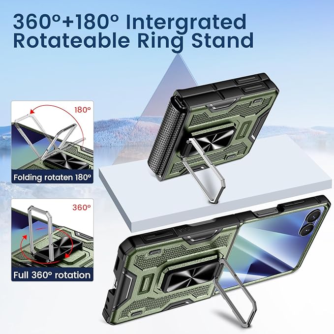 VEGO for Z Flip 7 Case with Hinge Protection, 360° Rotatable Ring Kickstand & Built-in Screen Protector & Belt Clip Holster, Shockproof Cover for Samsung Galaxy Z Flip 7 - Dark Green