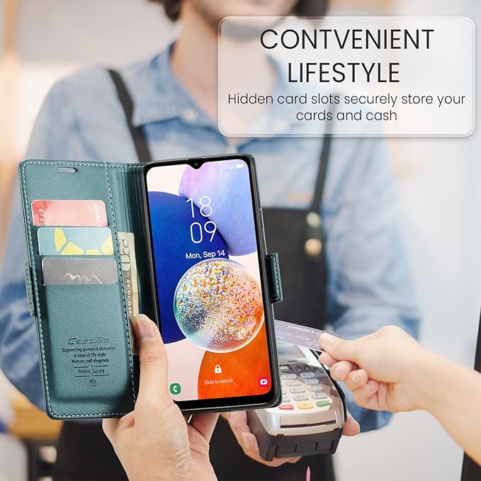 for Samsung Galaxy A14 4G/5G Case, Premium PU Leather Wallet Case Flip Cover with [RFID Blocking][Card Holder][Stand Function] Shockproof Protective for Samsung Galaxy A14, Blue-Green