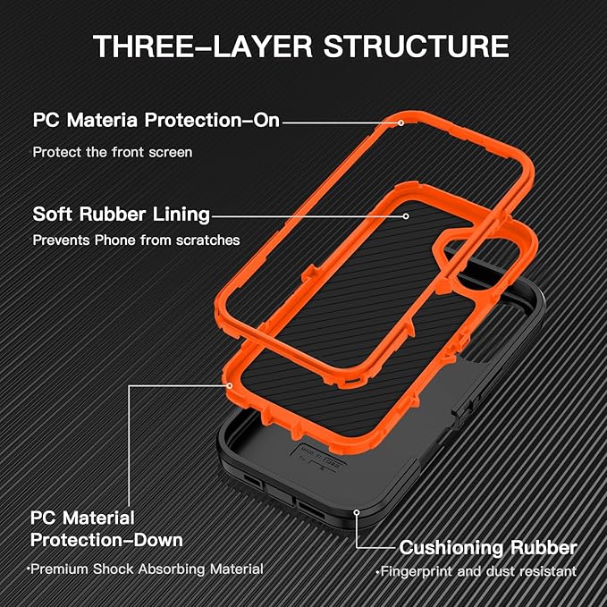 for iPhone 16 Plus Case Shockproof Dust/Drop Proof 3-Layer Full Body Protection [Without Screen Protector] Rugged Heavy Duty Cover Case for Apple iPhone 16 Plus 6.7" 2024,Black/Orange