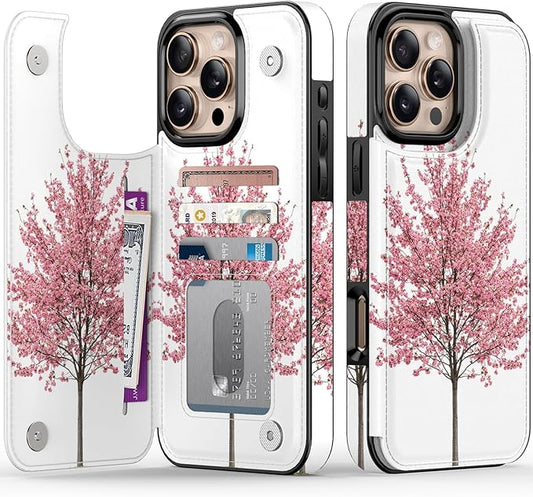 FUNMIKO for iPhone 16 Pro Max Wallet Case with Card Holder, RFID-Blocking, Military-Grade Protection & UV-Printed Artwork, Magnetic Closure with Leather Kickstand - Blooming Cherry Tree