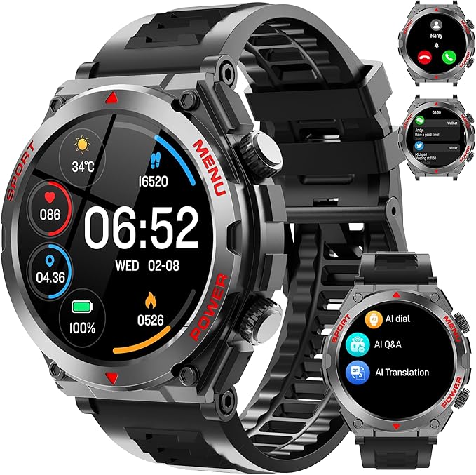 Military Smart Watches for Men(Answer/Make Calls), 1.52" HD Fitness Watch, AI Built-in,Heart Rate Sleep Monitor, AI Face,100+ Sport Modes, Text, IP68 Waterproof Smartwatch for Android iOS