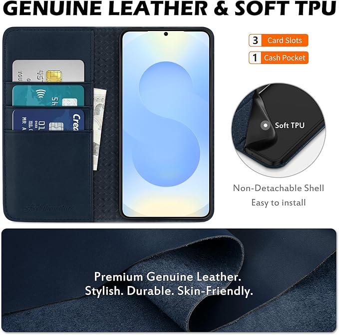 SHIELDON Case for Galaxy S25 Plus 5G 6.7", Genuine Leather Flip Wallet Case Kickstand RFID Blocking Credit Card Holder Magnetic Shockproof Cover Compatible with Galaxy S25+ 2025 - Nappa Navy Blue