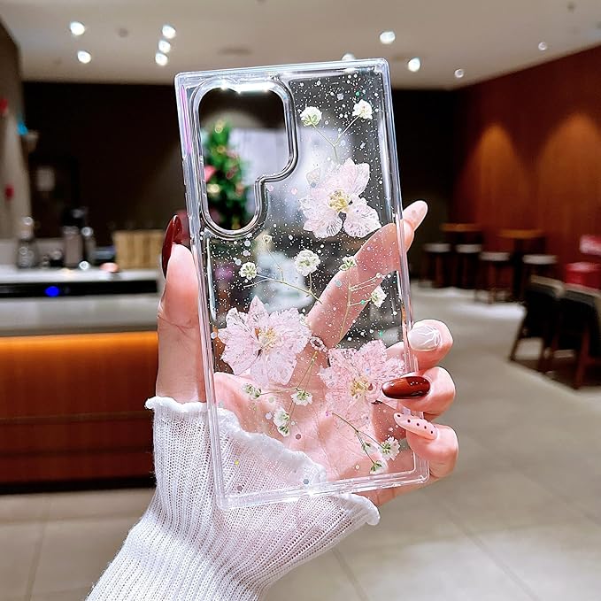 Compatible with Samsung Galaxy S25 Ultra Case Cute Pressed Dried Real Flowers Design Women Girly Shockproof Hard PC+ TPU Bumper Floral Phone Cover for Galaxy S25 Ultra (Light Pink)