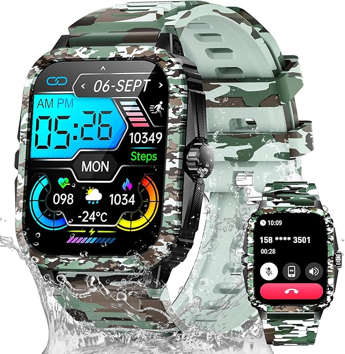 Military Smart Watches for Men (Make/Answer Call) 1.96" Screen Outdoor Activity Tracker with 100+ Sport Modes Health Monitor 3ATM Waterproof Smartwatch (Camouflage Green)