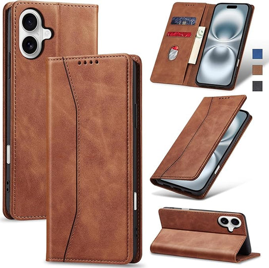 Jasonyu Flip Wallet Case for iPhone 16,Leather Magnetic Folio Cover with Card Holder,Kickstand - TPU Shockproof Durable Protective Phone Case,Brown