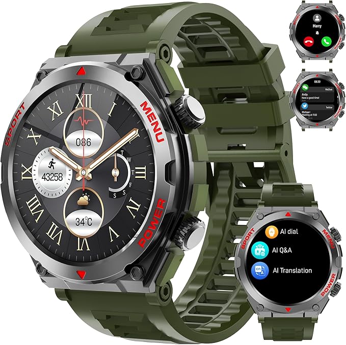 Military Smart Watches for Men(Answer/Make Calls), 1.52" HD Fitness Watch, AI Built-in,Heart Rate Sleep Monitor, AI Face,100+ Sport Modes, Text, IP68 Waterproof Smartwatch for Android iOS