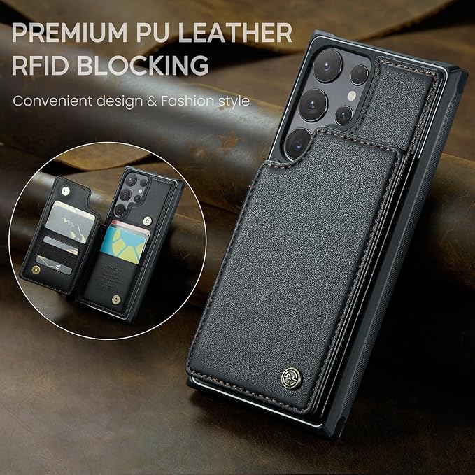 Vinich for Samsung Galaxy S24 Ultra Wallet Case with Card Holder, RFID Blocking Credit Slots Kickstand Shockproof Phone Cover for Women Men, Black