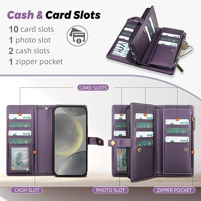 TwoHead for Samsung Galaxy S24 Wallet Case with Card Holder,Detachable Magnetic Phone Case for Galaxy S24,PU Leather Shockproof Protective Phone Cover Wallet with Wrist Strap(6.1 in,Deep Purple)