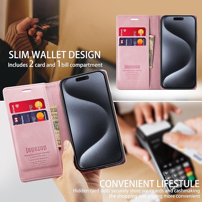 japezop iPhone 15 Pro 5G Wallet Case with [RFID Blocking],Card Holder Kickstand Magnetic,Leather Flip Case Wallet for iPhone 15 Pro 5G 6.1 Inch(Pink)