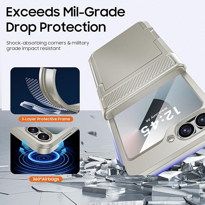 CENMASO for Samsung Galaxy Z Flip 6 Case/Z Flip 7 FE Case with Card Holder [RFID Blocking]& Hinge Protection & Screen Protector, Full-Body Shockproof Phone Case for Z Flip 6/Flip 7 FE-Natural Titanium