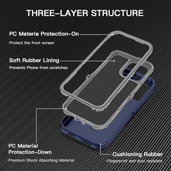 for iPhone 15 Pro Max Case Shockproof Dust/Drop Proof 3-Layer Full Body Protection [Without Screen Protector] Rugged Heavy Duty Cover Case for Apple iPhone 15 Pro Max 6.7" 2023,Blue/Grey