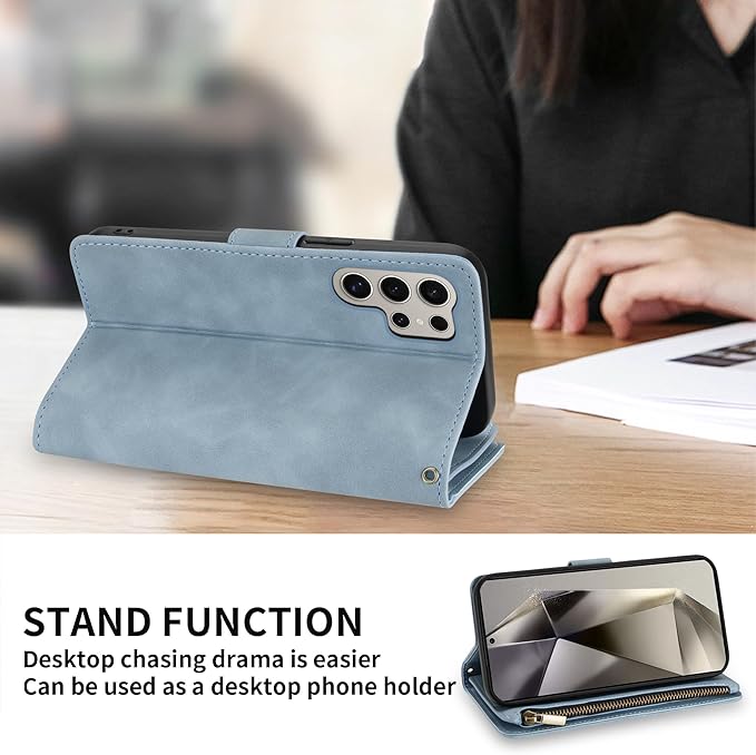 ZZXX for Samsung Galaxy S24 Ultra Wallet Case with RFID Blocking Card Slot PU Leather Zipper Flip Folio with Strap Kickstand Protective Cover for Galaxy S24 Ultra Case Wallet(Light Blue-6.8 inch)