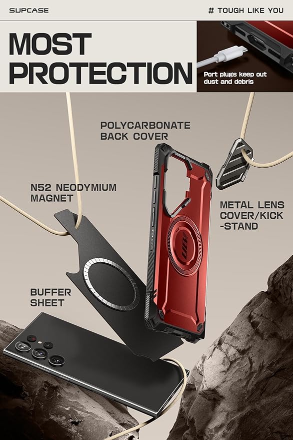 SUPCASE UB Mag XT Case for Samsung Galaxy S24 Ultra (2024 Release), [Metal Camera Cover] Extreme Lens Protection Slim Rugged Case with Built-in Kickstand (Ruddy)