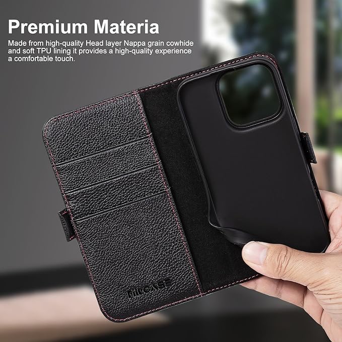 Case for iPhone 16 Pro Max 5G 2024-Genuine Leather Folio Wallet Magnetic Kickstand RFID Blocking Card Slots Shock-Absorbent Phone Cover Compatible with iPhone 16 Pro Max 6.9" (Black)