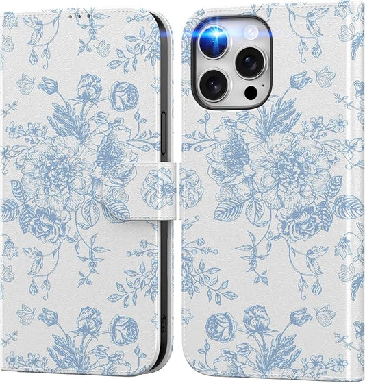 DEENAKIN for iPhone 15 Pro Max Wallet Case with Card Holder + Cash Clip, RFID-Blocking, Military-Grade Drop Protection, Magnetic Closure with Leather Kickstand - Blue Floral Design