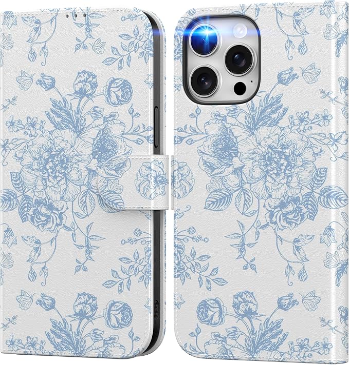 DEENAKIN for iPhone 15 Pro Wallet Case with Card Holder + Cash Clip, RFID-Blocking, Military-Grade Drop Protection, Magnetic Closure with Leather Kickstand - Blue Floral Design