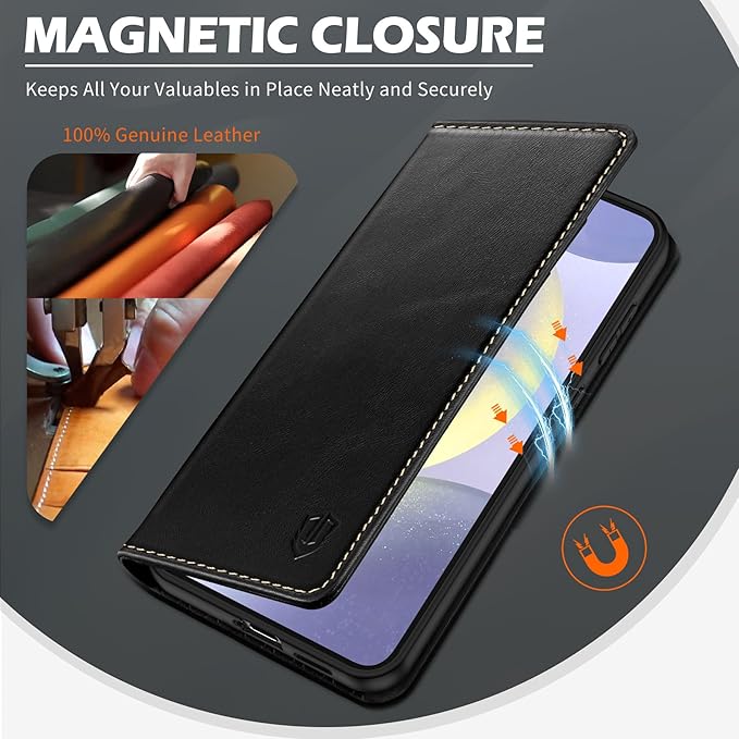SHIELDON Case for Galaxy S25 6.2" 2025, Genuine Leather Folio Wallet Case RFID Blocking Card Holder Folio Magnetic Stand Shockproof Protective Cover Compatible with Galaxy S25 - Retro Black