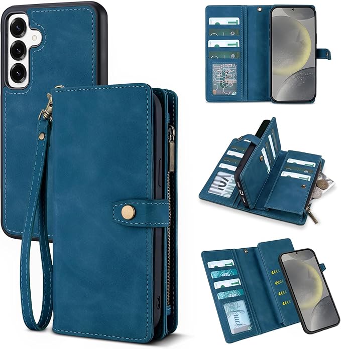 TwoHead for Samsung Galaxy S24 Wallet Case with Card Holder,Detachable Magnetic Phone Case for Galaxy S24,PU Leather Shockproof Protective Phone Cover Wallet with Wrist Strap(6.1 in,Navy Blue)
