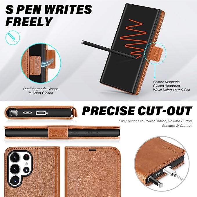 TUCCH Wallet Case for Galaxy S25 Ultra with [TPU Shockproof Interior Case] [RFID Blocking] Folio Stand Card Slot, Magnetic PU Leather Protect Folio Cover Compatible with Galaxy S25 Ultra, Light Brown