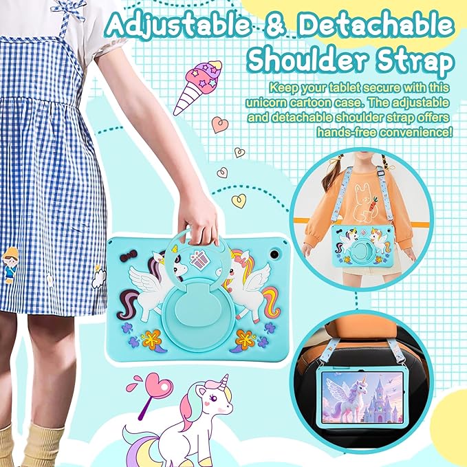 HianDier for Samsung Galaxy Tab A9+ Plus Case Kids Cute Unicorn Silicone for Samsung A9 Plus Tablet Case with Detachable Strap and Rotatable Stand Shockproof Cover for Galaxy Tab A9+ 11" 2023-Blue