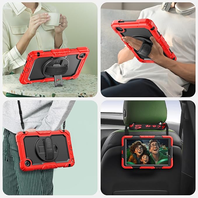 SEYMAC Case for Lenovo Tab One 8.7 inch/ K9 TB305FU (2025), Heavy Duty Full-Body Shockproof Protective Case with Screen Protector, Stand, Hand/Shoulder Strap and Pen Holder, Red