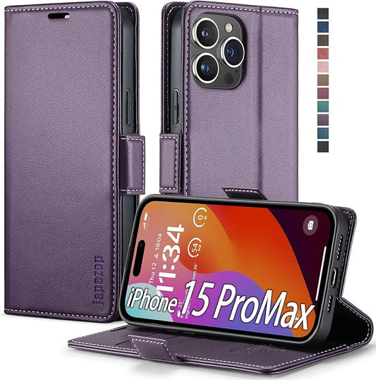 japezo iPhone 15 Pro Max 5G Wallet Case with [RFID Blocking],Card Holder Kickstand Magnetic,Leather Flip Case Wallet for iPhone 15 Pro Max 5G 6.7 Inch(Fashion Purple)