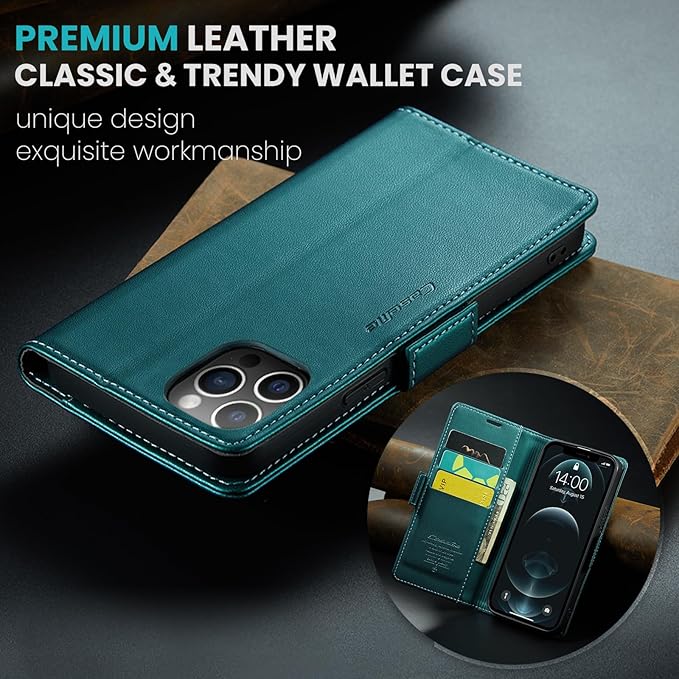 for iPhone 12 Pro Max Case, Premium PU Leather Wallet Case Flip Cover with [RFID Blocking][Card Holder][Stand Function] Shockproof Protective for iPhone 12 Pro Max, Blue-Green