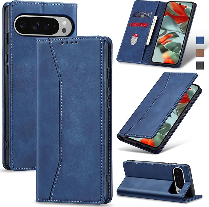 Jasonyu Flip Wallet Case for Google Pixel 9 Pro XL,Leather Magnetic Folio Cover with Card Holder,Kickstand - TPU Shockproof Durable Protective Phone Case,Blue